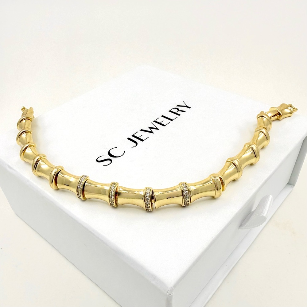 14K Gold Plated Bamboo Link Bracelet with Zircon Stones | Statement Jewelry - Picture 3 of 12